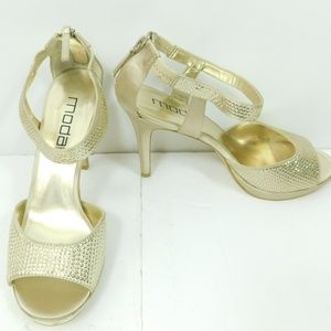NEW Moda Spana Gold Sequin Satin Open Heels 8.5M